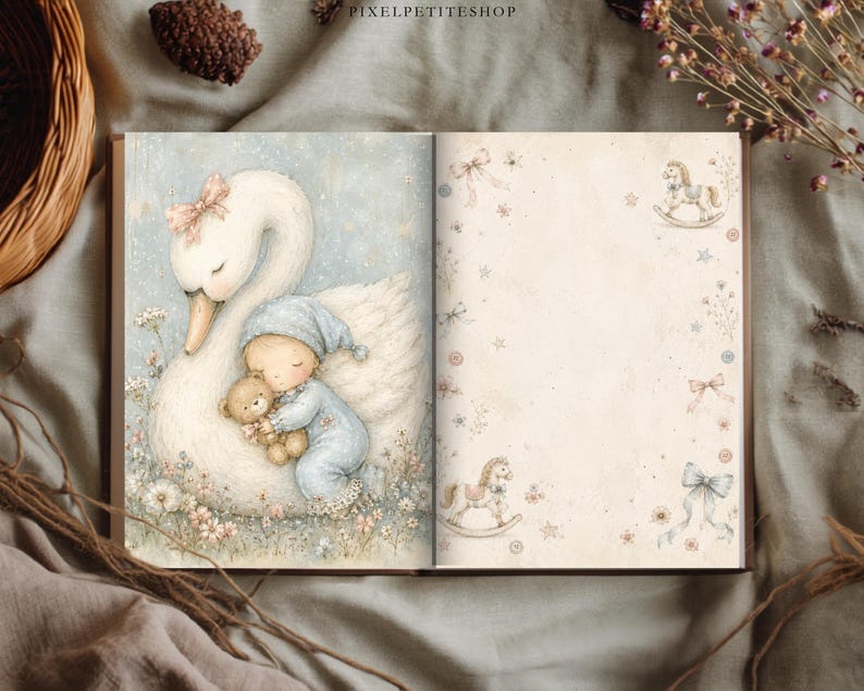 May include: An open book featuring a soft-toned illustration of a white swan with a pink bow, a child in blue pajamas holding a teddy bear, and a cream-colored page with small drawings of rocking horses, bows, and stars on the right side.