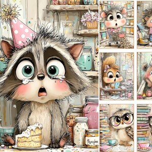 May include: A whimsical illustration features a raccoon wearing a party hat, with a slice of cake. Surrounding the raccoon are jars and shelves. Additional panels show cute animal characters, including a mouse, hedgehog, squirrel, bear, and owls.