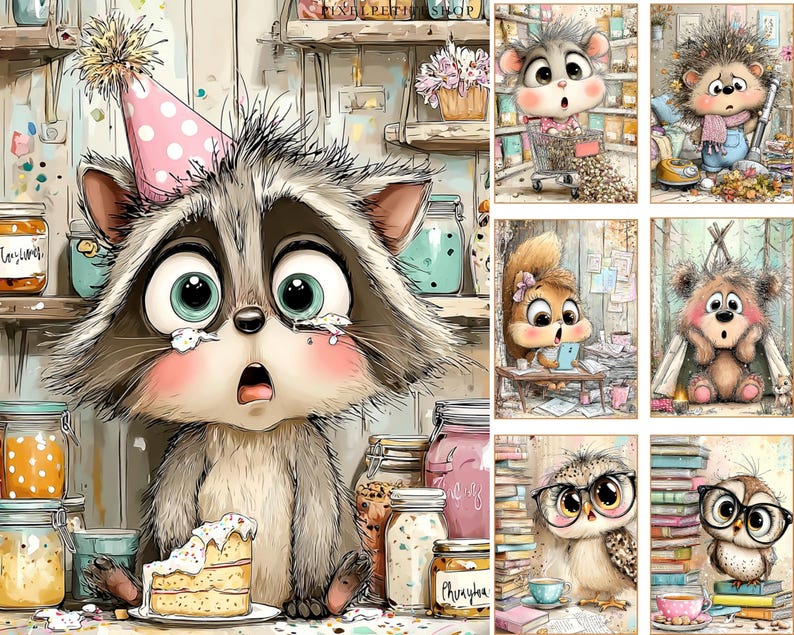 May include: A whimsical illustration features a raccoon wearing a party hat, with a slice of cake. Surrounding the raccoon are jars and shelves. Additional panels show cute animal characters, including a mouse, hedgehog, squirrel, bear, and owls.