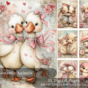 May include: A set of digital prints with romantic animal illustrations. The main image shows two white geese adorned with pink bows and roses. Other images feature pairs of bunnies, lambs, cows, mice, ducks, and birds. Text reads "Romantic Animals" and "35 Digital Pages".