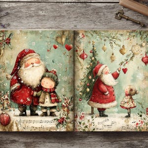 May include: An open book featuring vintage-style illustrations of Santa Claus and children in a snowy Christmas setting. The pages display festive scenes with a decorated tree, hanging ornaments, red hearts, and musical notes on a muted green background.