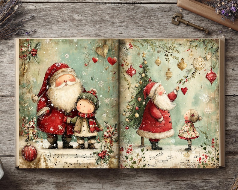 May include: An open book featuring vintage-style illustrations of Santa Claus and children in a snowy Christmas setting. The pages display festive scenes with a decorated tree, hanging ornaments, red hearts, and musical notes on a muted green background.