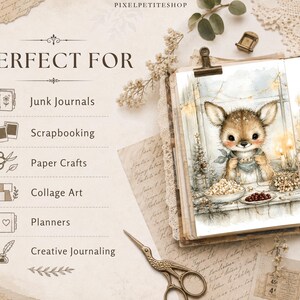 May include: An open book displaying a watercolor illustration of a fawn wearing a scarf, sitting at a table with bowls of food. The page includes text listing uses like Junk Journals, Scrapbooking, Paper Crafts, Collage Art, Planners, and Creative Journaling.