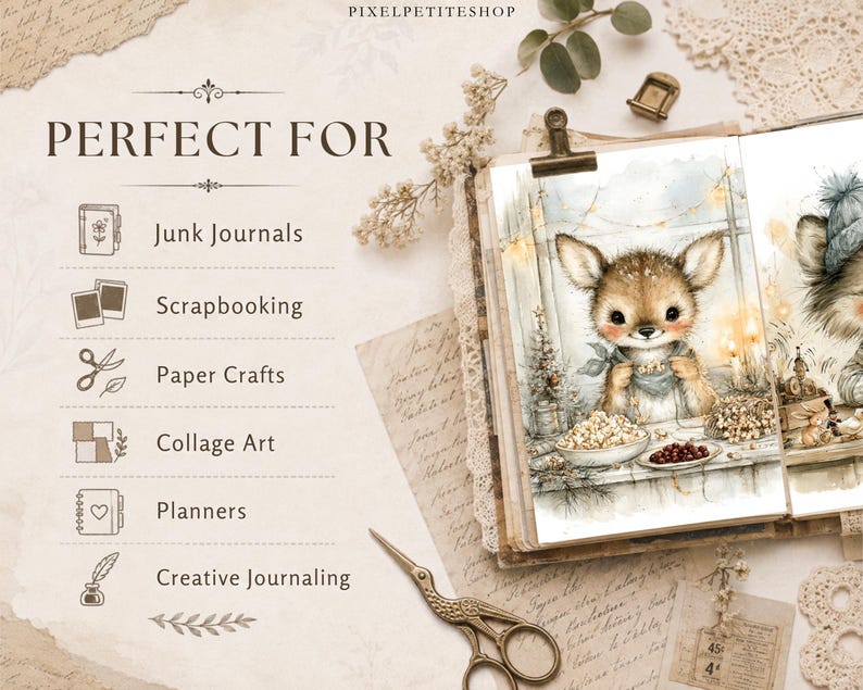 May include: An open book displaying a watercolor illustration of a fawn wearing a scarf, sitting at a table with bowls of food. The page includes text listing uses like Junk Journals, Scrapbooking, Paper Crafts, Collage Art, Planners, and Creative Journaling.