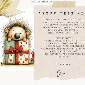 May include: A charming illustration of a hedgehog holding a gift box adorned with hearts and a red ribbon. The image includes text that reads "About This Kit" and details about the digital papers, including size and resolution.
