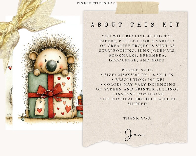 May include: A charming illustration of a hedgehog holding a gift box adorned with hearts and a red ribbon. The image includes text that reads "About This Kit" and details about the digital papers, including size and resolution.