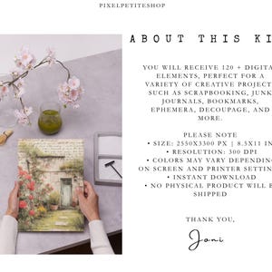 May include: A digital kit featuring 120+ elements for creative projects. The image displays a printed page with a garden cottage illustration, text reading ABOUT THIS KIT, 2550X3300 PX | 8.5X11 IN, 300 DPI, and PIXELPETITESHOP. Includes a glass of green liquid.