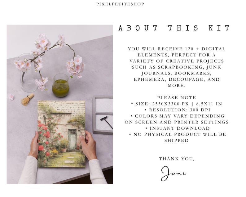 May include: A digital kit featuring 120+ elements for creative projects. The image displays a printed page with a garden cottage illustration, text reading ABOUT THIS KIT, 2550X3300 PX | 8.5X11 IN, 300 DPI, and PIXELPETITESHOP. Includes a glass of green liquid.