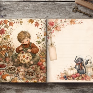 Op de afbeelding: Een open dagboek met aquarelillustraties van een kind dat een pompoen versiert op de linkerpagina, omringd door herfstbladeren, bessen en kommen met noten. De rechterpagina bevat gelinieerd papier, een leeg label, een stinkdier en een lantaarn.