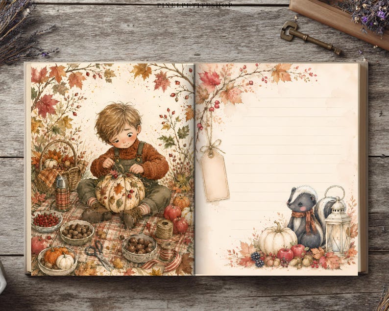 Op de afbeelding: Een open dagboek met aquarelillustraties van een kind dat een pompoen versiert op de linkerpagina, omringd door herfstbladeren, bessen en kommen met noten. De rechterpagina bevat gelinieerd papier, een leeg label, een stinkdier en een lantaarn.