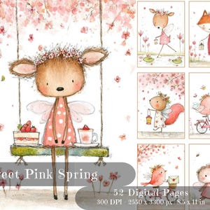Könnte beinhalten: Aquarellillustrationen von Waldtieren in einer sanften rosa Frühlingsumgebung. Ein rehähnlicher Charakter auf einer Schaukel und andere Tiere mit Feenflügeln und Laternen. Der Text lautet "Sweet Pink Spring".