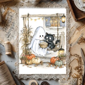 May include: A whimsical illustration of a white ghost and a fluffy black cat sitting on a wooden porch swing, sharing a bowl of popcorn. The scene includes orange and green pumpkins, string lights, a lantern, and dried corn stalks on a porch.