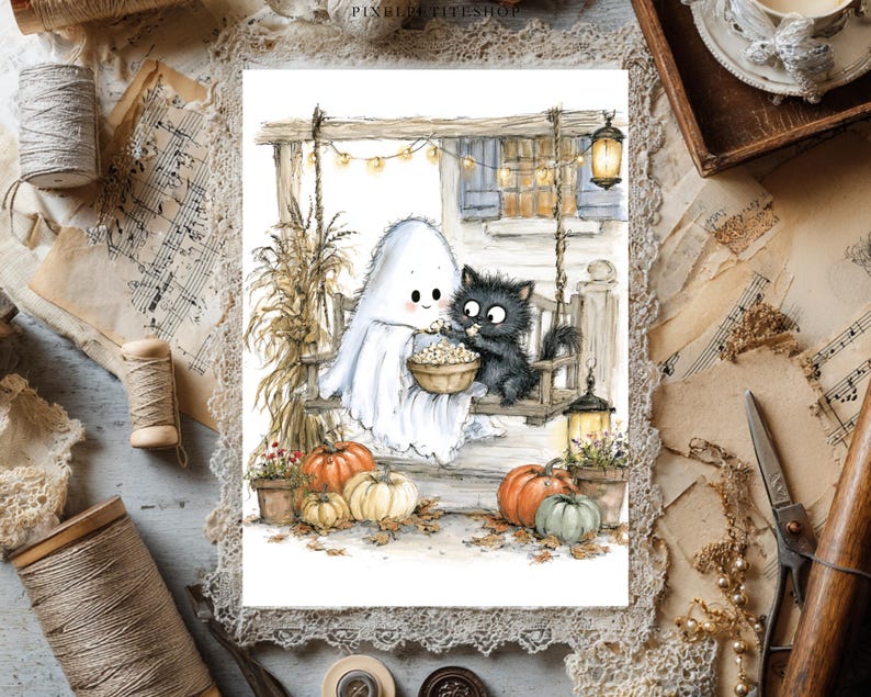 May include: A whimsical illustration of a white ghost and a fluffy black cat sitting on a wooden porch swing, sharing a bowl of popcorn. The scene includes orange and green pumpkins, string lights, a lantern, and dried corn stalks on a porch.