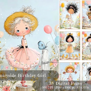 May include: A watercolour illustration of a girl in a pink dress and straw hat, standing near a fence with a butterfly. The image includes the text "Countryside Birthday Girl" and details about digital pages, resolution, and size: 21.59 x 27.94 cm.