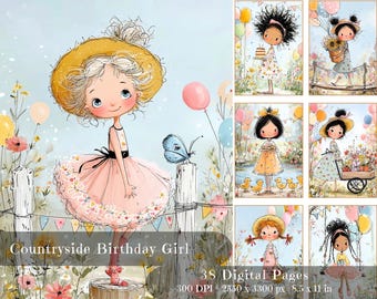 Puede incluir: Ilustración en acuarela de una niña con vestido rosa y sombrero de paja, junto a una valla con una mariposa. La imagen incluye el texto "Countryside Birthday Girl" y detalles sobre páginas digitales, resolución y tamaño: 21,59 x 27,94 cm.