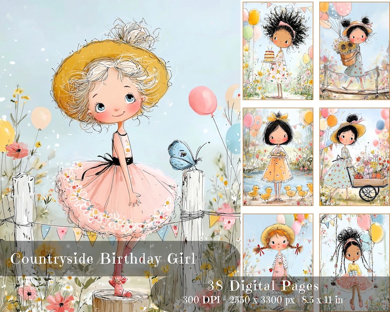 May include: A watercolour illustration of a girl in a pink dress and straw hat, standing near a fence with a butterfly. The image includes the text "Countryside Birthday Girl" and details about digital pages, resolution, and size: 21.59 x 27.94 cm.