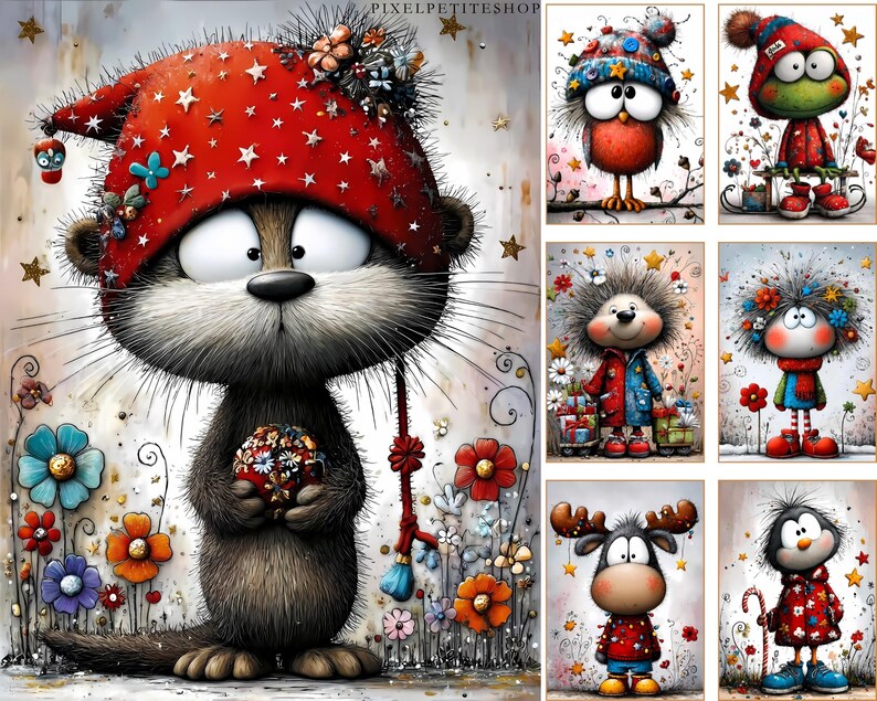 Witzige Weihnachtstiere Digitales Papier | Junk Journal Seiten, Karten (Digitaler Download) Bild 6