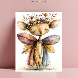 May include: A watercolor illustration of a fawn-like creature with closed eyes, wearing a crown of colorful wildflowers and mushrooms. The creature has large, leaf-shaped wings in shades of brown, orange, and blue, and a spotted tan body.