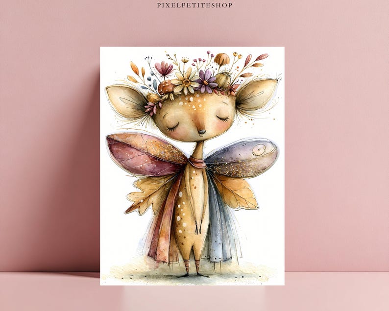 May include: A watercolor illustration of a fawn-like creature with closed eyes, wearing a crown of colorful wildflowers and mushrooms. The creature has large, leaf-shaped wings in shades of brown, orange, and blue, and a spotted tan body.