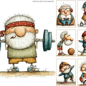 May include: Watercolor illustration of an elderly man lifting weights, wearing a red headband, green shirt, and tan shorts. The image is part of a series depicting an active senior citizen. The text "PIXELPETITESHOP" is at the top.
