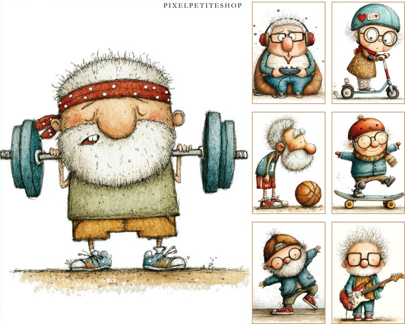 May include: Watercolor illustration of an elderly man lifting weights, wearing a red headband, green shirt, and tan shorts. The image is part of a series depicting an active senior citizen. The text "PIXELPETITESHOP" is at the top.