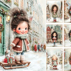 May include: Watercolor illustration of a young girl with a sled, gifts, and a winter coat, set against a snowy street scene. The image includes several smaller illustrations of girls in winter attire. The color palette is soft, with muted tones of brown, green, and white.