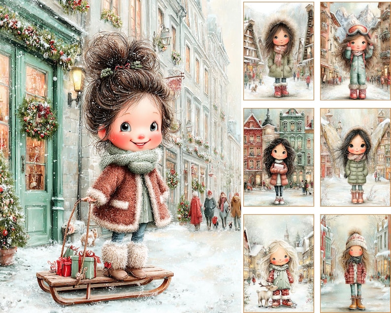 May include: Watercolor illustration of a young girl with a sled, gifts, and a winter coat, set against a snowy street scene. The image includes several smaller illustrations of girls in winter attire. The color palette is soft, with muted tones of brown, green, and white.