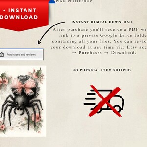 May include: A digital download graphic featuring a black spider with a pink lace bow, surrounded by pink flowers and green holly leaves on a web. The text reads INSTANT DOWNLOAD, NO PHYSICAL ITEM SHIPPED, and instructions for accessing the PDF file.