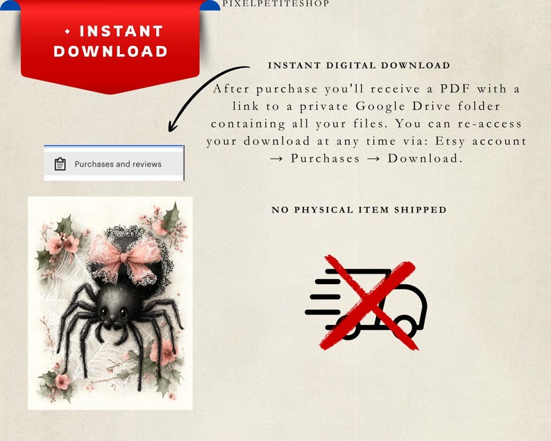 May include: A digital download graphic featuring a black spider with a pink lace bow, surrounded by pink flowers and green holly leaves on a web. The text reads INSTANT DOWNLOAD, NO PHYSICAL ITEM SHIPPED, and instructions for accessing the PDF file.