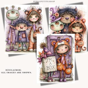 May include: Three illustrations featuring whimsical Halloween characters including a three-eyed alien, a purple furry creature, and children in tiger costumes. One child holds a sign that reads I'M A BOX. The art uses a soft pastel color palette.