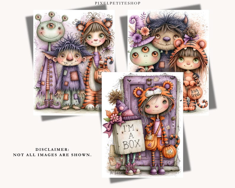 May include: Three illustrations featuring whimsical Halloween characters including a three-eyed alien, a purple furry creature, and children in tiger costumes. One child holds a sign that reads I'M A BOX. The art uses a soft pastel color palette.