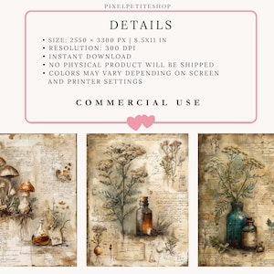 May include: Three vintage botanical prints with illustrations of mushrooms, herbs, and flowers. Each print has a distressed paper background with handwritten script. One print shows mushrooms, another shows a bottle, and the third shows a blue vase.