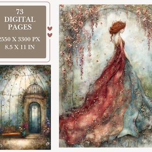 May include: A digital collection of 73 pages measuring 8.5 by 11 inches. The artwork features a person with red hair in a flowing red and blue gown standing under hanging flowers, and a separate scene of a domed structure with a bench.