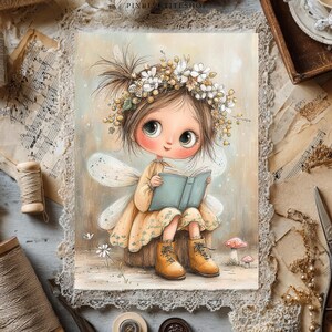 May include: A whimsical illustration of a fairy girl reading a book. She wears a floral crown, a yellow dress, and brown boots. The fairy has large eyes and delicate wings. The artwork has a soft, pastel color palette and is surrounded by vintage-style elements.