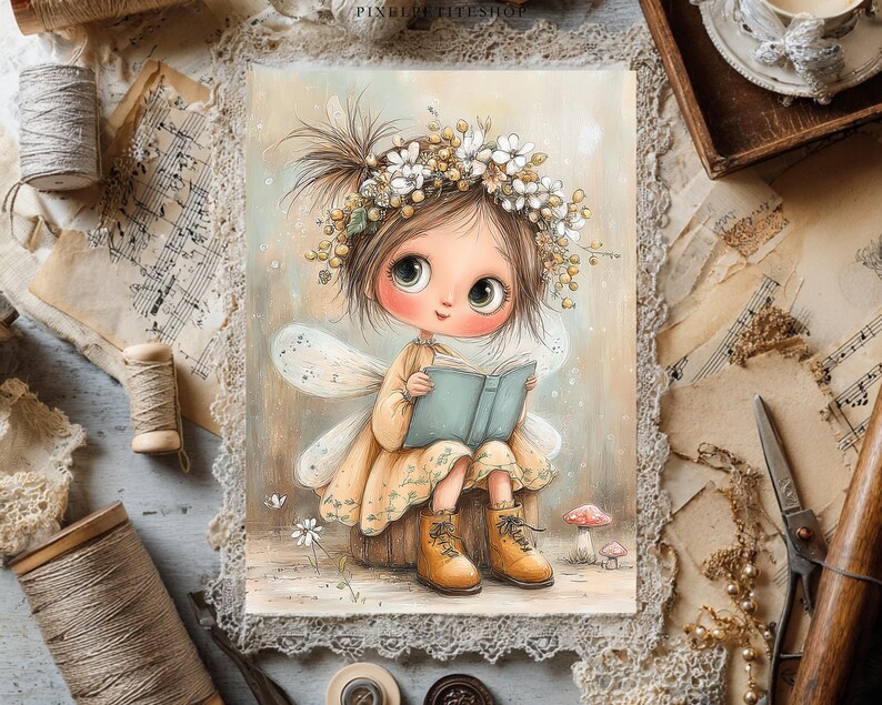 May include: A whimsical illustration of a fairy girl reading a book. She wears a floral crown, a yellow dress, and brown boots. The fairy has large eyes and delicate wings. The artwork has a soft, pastel color palette and is surrounded by vintage-style elements.