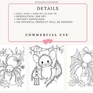 May include: A digital coloring page set featuring three black and white line art illustrations. The designs include a spider with candles and holly, a mouse holding a lantern with string lights, and a spider on a candle with a bow and holly.
