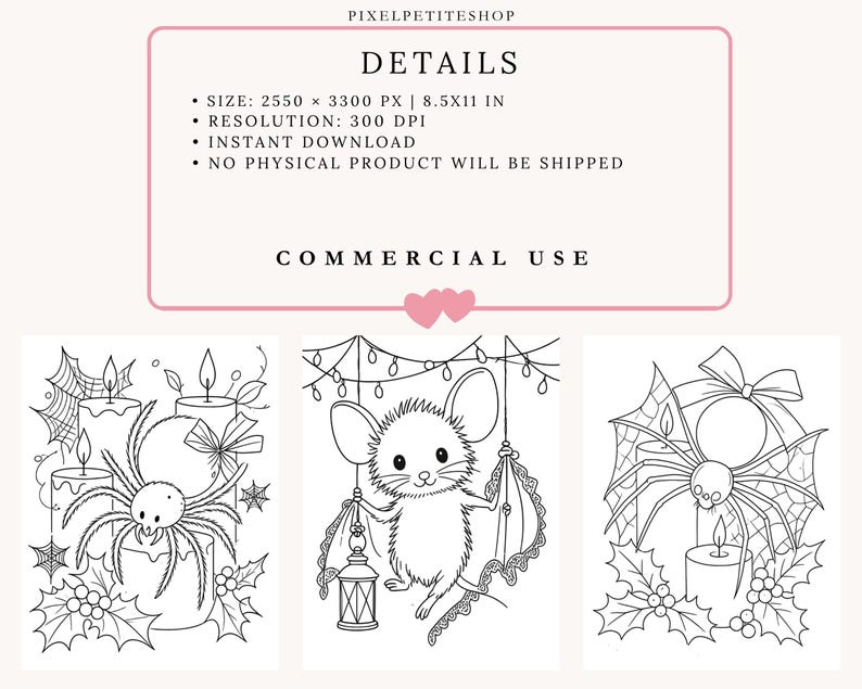 May include: A digital coloring page set featuring three black and white line art illustrations. The designs include a spider with candles and holly, a mouse holding a lantern with string lights, and a spider on a candle with a bow and holly.