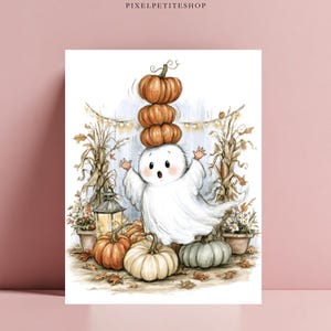 May include: A watercolor-style illustration featuring a white ghost with a surprised expression balancing three orange pumpkins on its head. The scene includes corn stalks, potted plants, a lantern, and pumpkins in orange, white, and green.