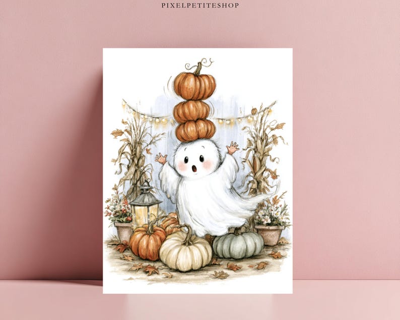 May include: A watercolor-style illustration featuring a white ghost with a surprised expression balancing three orange pumpkins on its head. The scene includes corn stalks, potted plants, a lantern, and pumpkins in orange, white, and green.