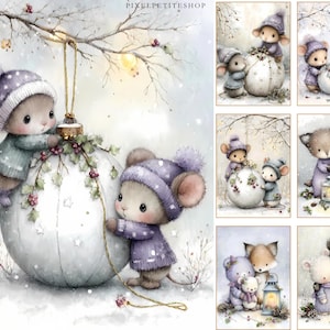 Puede incluir: Ilustraci&oacute;n en acuarela con adorables ratones con ropa de invierno, interactuando con una gran bola de Navidad cubierta de nieve. Los ratones visten gorros y su&eacute;teres en tonos azules y morados. La escena evoca un ambiente acogedor y festivo.