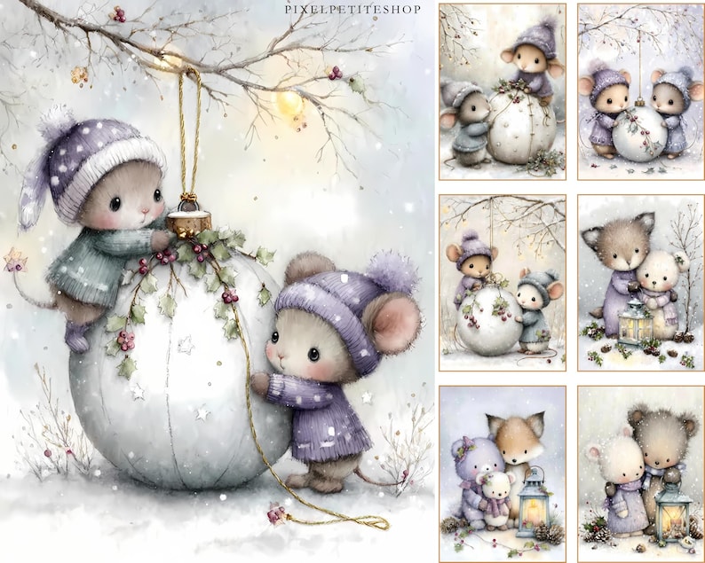 Puede incluir: Ilustraci&oacute;n en acuarela con adorables ratones con ropa de invierno, interactuando con una gran bola de Navidad cubierta de nieve. Los ratones visten gorros y su&eacute;teres en tonos azules y morados. La escena evoca un ambiente acogedor y festivo.