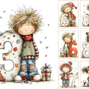 Pu&ograve; includere: Illustrazione stravagante di un bambino che tiene un grande numero 3. Il bambino indossa un gilet verde, una camicia a righe rosse, jeans blu e una sciarpa rossa. Sono presenti anche una scatola regalo confezionata e un cappello da festa. Ulteriori carte mostrano bambini con i numeri 6, 8 e 7.