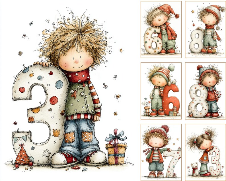 Pu&ograve; includere: Illustrazione stravagante di un bambino che tiene un grande numero 3. Il bambino indossa un gilet verde, una camicia a righe rosse, jeans blu e una sciarpa rossa. Sono presenti anche una scatola regalo confezionata e un cappello da festa. Ulteriori carte mostrano bambini con i numeri 6, 8 e 7.