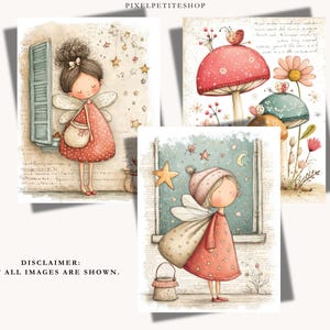May include: Three watercolor illustrations featuring whimsical fairy characters. One fairy stands by a window, another near mushrooms, and the third by a window with a star. Each fairy wears a red dress and has wings.