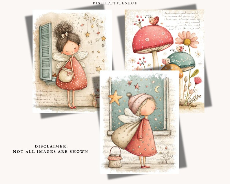 May include: Three watercolor illustrations featuring whimsical fairy characters. One fairy stands by a window, another near mushrooms, and the third by a window with a star. Each fairy wears a red dress and has wings.