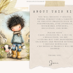 May include: Digital art print featuring a whimsical illustration of a young boy with a cow, holding a bucket, and wearing a scarf, boots, and denim overalls. The background includes houses and text that reads "ABOUT THIS KIT".