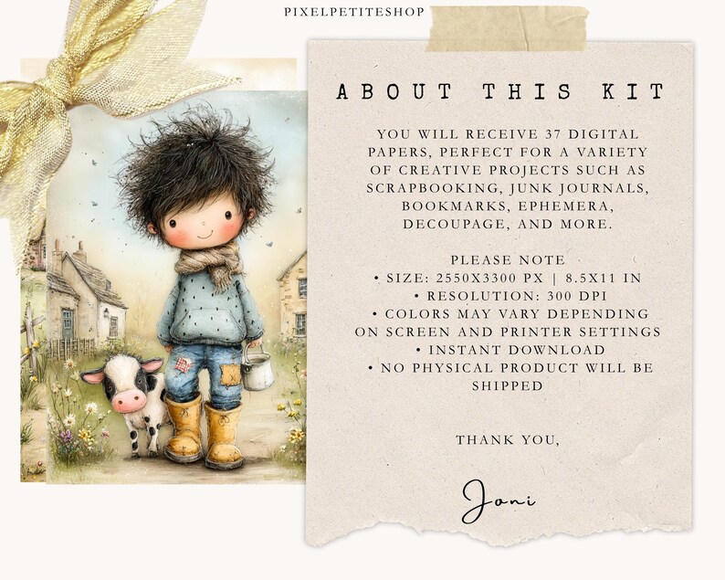 May include: Digital art print featuring a whimsical illustration of a young boy with a cow, holding a bucket, and wearing a scarf, boots, and denim overalls. The background includes houses and text that reads "ABOUT THIS KIT".