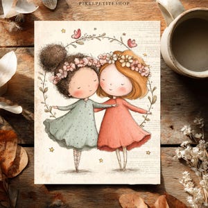 May include: A whimsical illustration of two girls embracing, each adorned with floral crowns and dresses. One girl wears a light green dress, the other a coral dress. The artwork is set against a vintage paper background, with delicate floral accents.