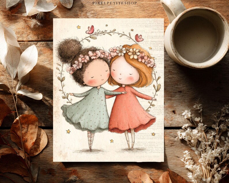 May include: A whimsical illustration of two girls embracing, each adorned with floral crowns and dresses. One girl wears a light green dress, the other a coral dress. The artwork is set against a vintage paper background, with delicate floral accents.