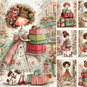 May include: Watercolor illustration of a girl holding a stack of gifts, surrounded by flowers and shops. The girl wears a floral dress and has a flower crown. A small dog sits at her feet. The image has a vintage, whimsical style.